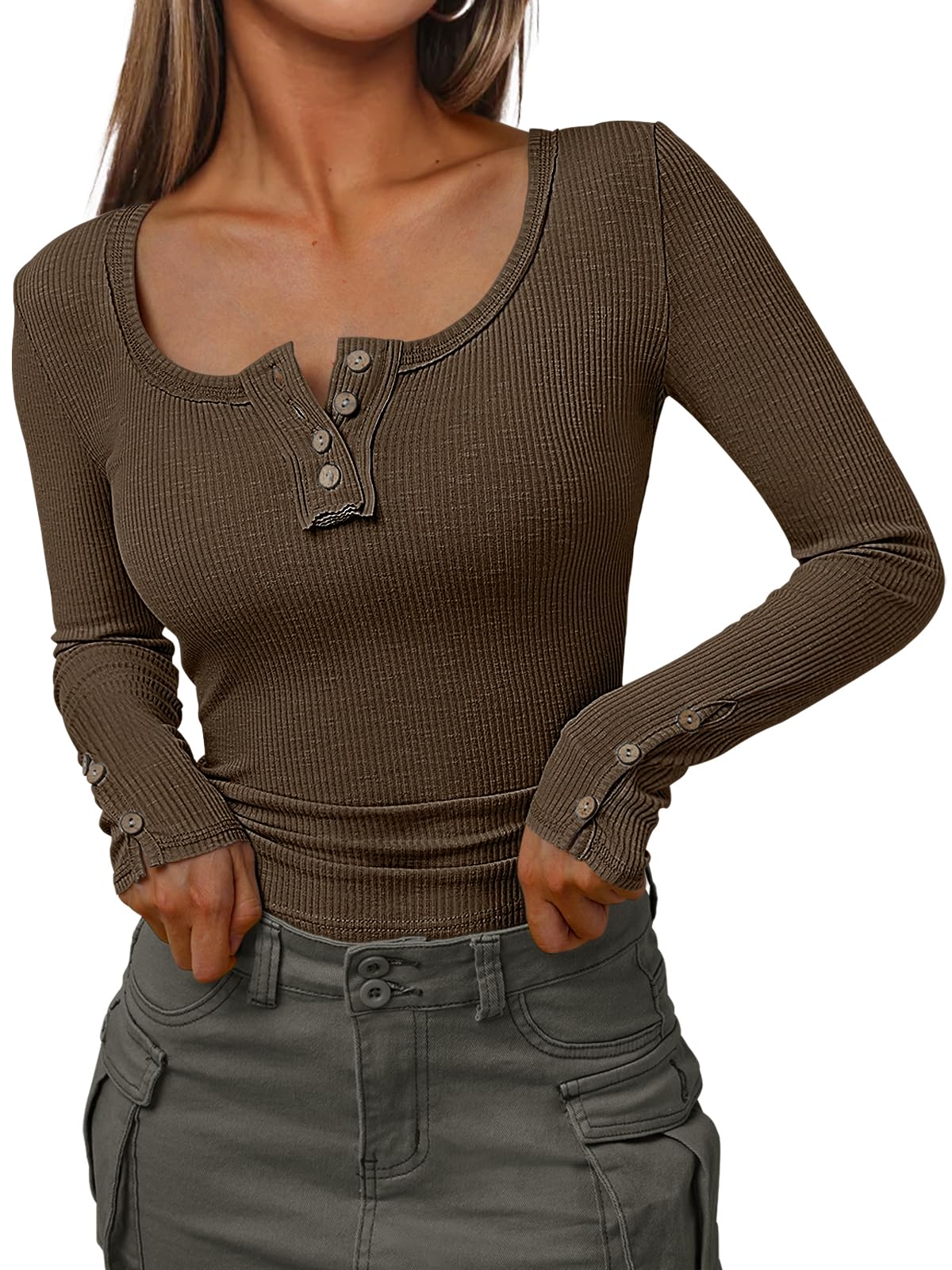 Kissfix Womens Long Sleeve Shirts Going Out Fall Clothes Casual Henley Tops Ribbed Knit Blouses Fashion Trendy Outfits