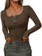 Kissfix Womens Long Sleeve Shirts Going Out Fall Clothes Casual Henley Tops Ribbed Knit Blouses Fashion Trendy Outfits