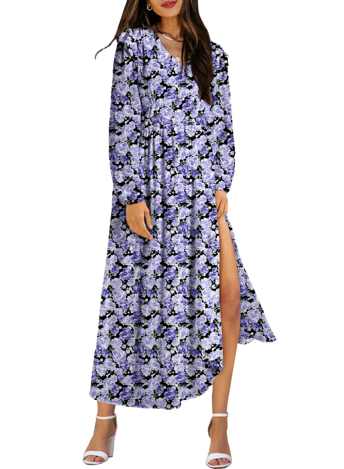 BLENCOT Womens Casual Boho Deep V Neck Short Sleeve Long Dress