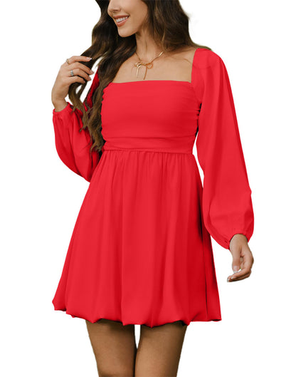 HYPERFIRE Women's Square Neck Pleated Long Sleeve Mini Dress Smocked A Lind Bubble Wedding Dresses