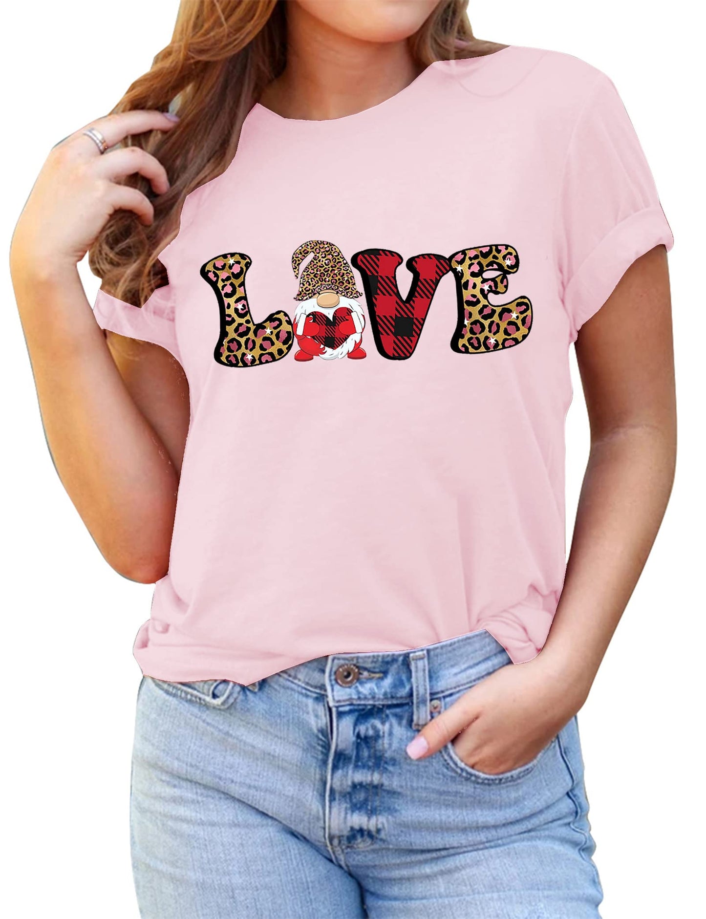 Valentine's Day Shirt for Womens Cute Gnomes T-Shirt Love Heart Printed Shirts Short Sleeve Graphic Tees Tops