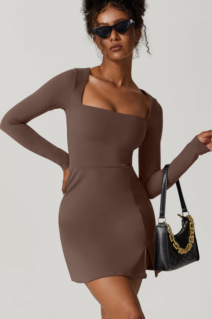 QINSEN Womens Square Neck Bodice Dress Long Sleeve Side Slit Flare Mini Dresses