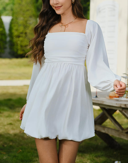 HYPERFIRE Women's Square Neck Pleated Long Sleeve Mini Dress Smocked A Lind Bubble Wedding Dresses