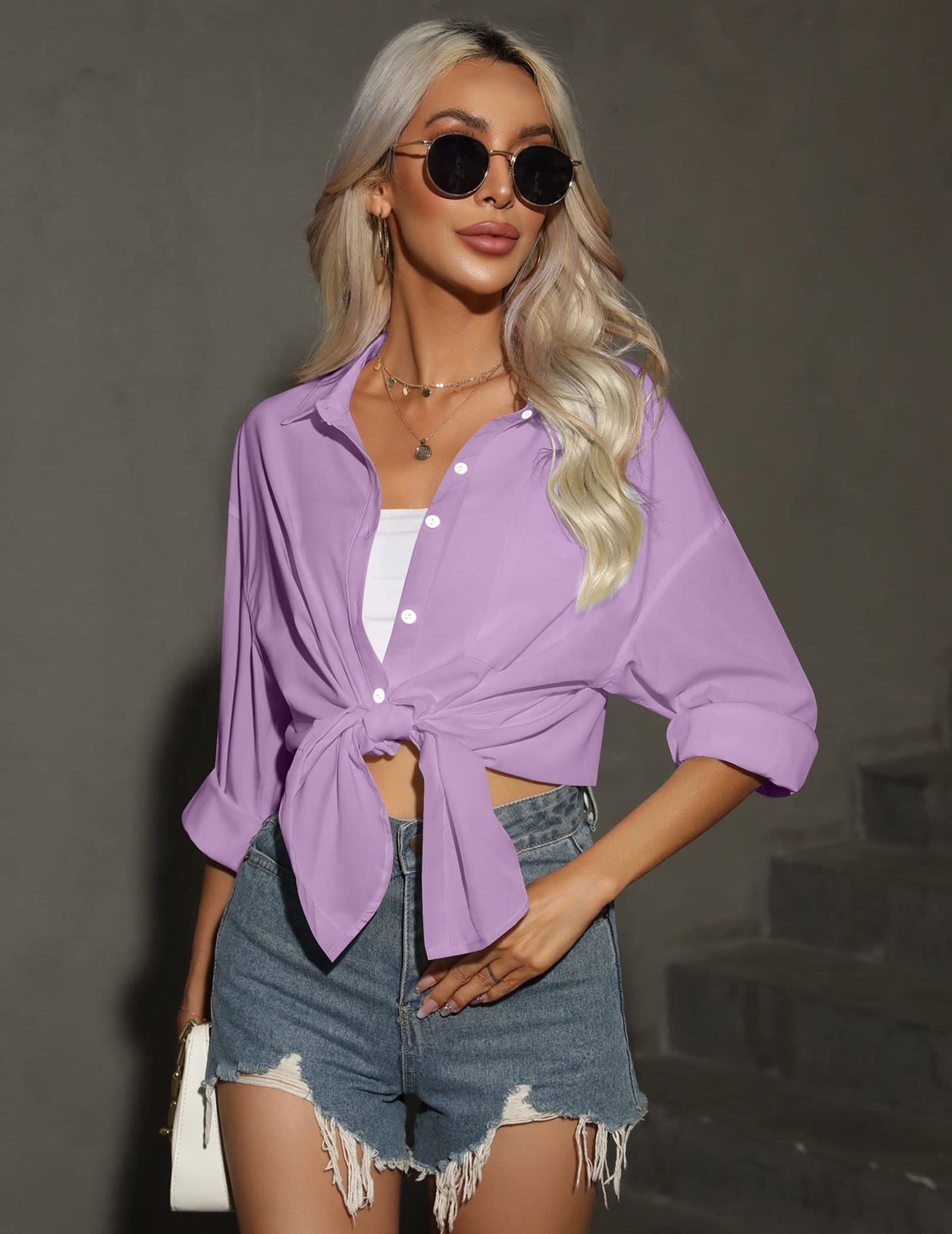 HOTOUCH Women Oversized Button Down Shirts Office Drop Shoulder Blouse Long Sleeve Boyfriend Dress Shirt with Pockets