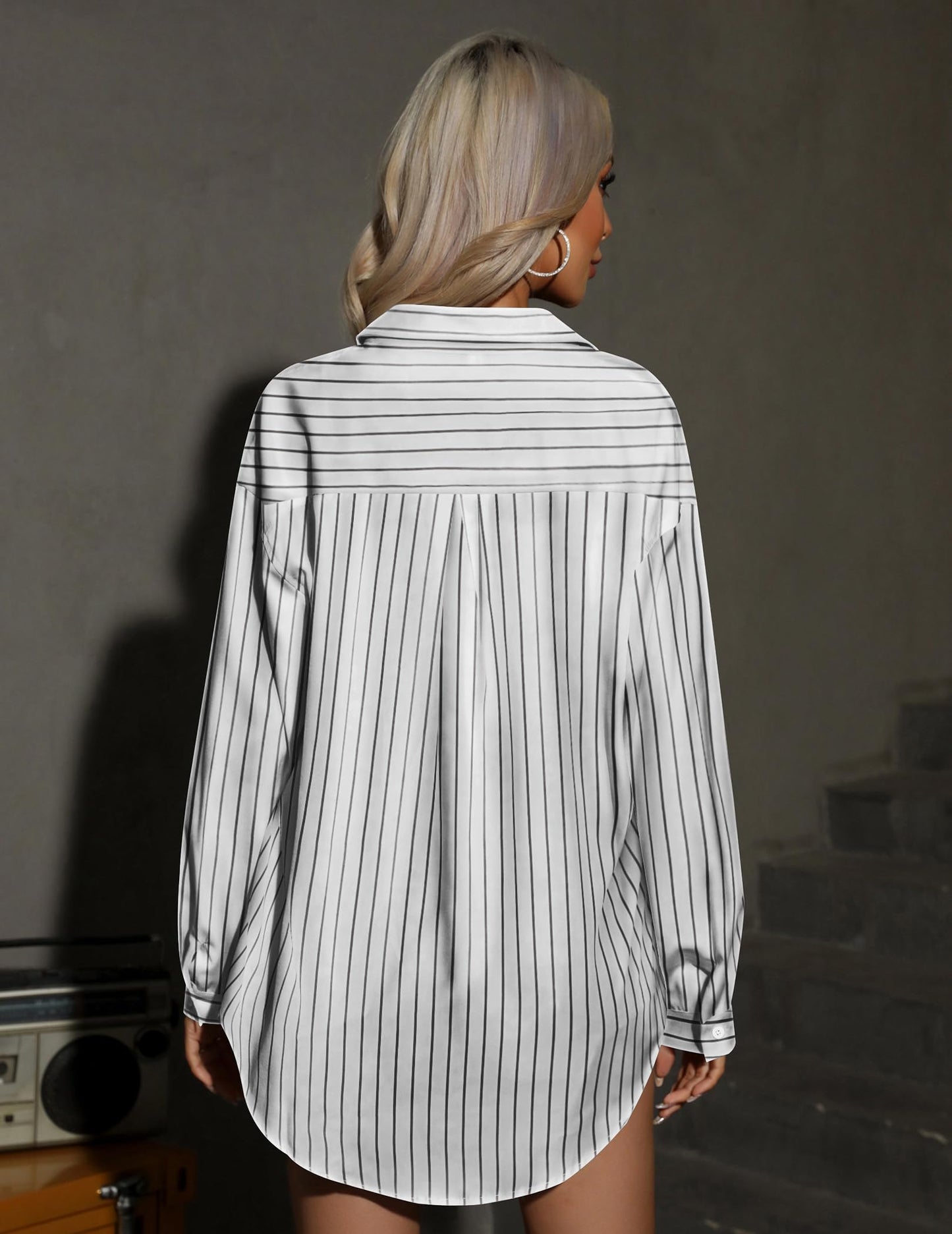 HOTOUCH Women Oversized Button Down Shirts Office Drop Shoulder Blouse Long Sleeve Boyfriend Dress Shirt with Pockets