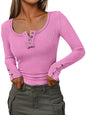Kissfix Womens Long Sleeve Shirts Going Out Fall Clothes Casual Henley Tops Ribbed Knit Blouses Fashion Trendy Outfits