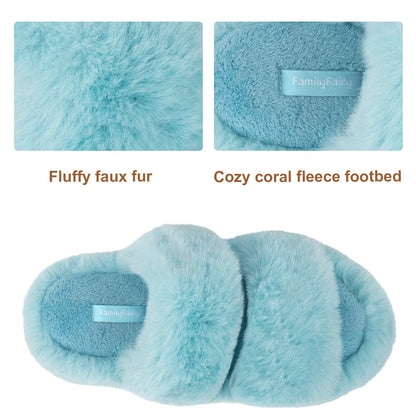FamilyFairy Women's Fluffy Faux Fur Slippers Comfy Open Toe Two Band Slides with Fleece Lining and Rubber Sole