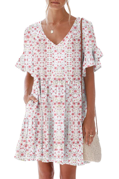 nclook Women's Summer Casual Dress Sweet & Cute V-Neck Mini Dress with Pocket Short Sleevele Ruffle Dress