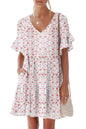 nclook Women's Summer Casual Dress Sweet & Cute V-Neck Mini Dress with Pocket Short Sleevele Ruffle Dress