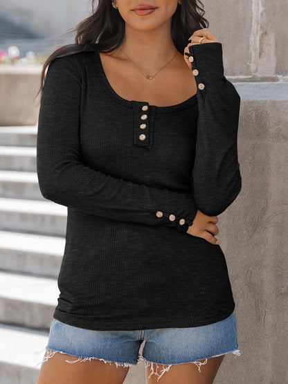 Kissfix Womens Long Sleeve Shirts Going Out Fall Clothes Casual Henley Tops Ribbed Knit Blouses Fashion Trendy Outfits
