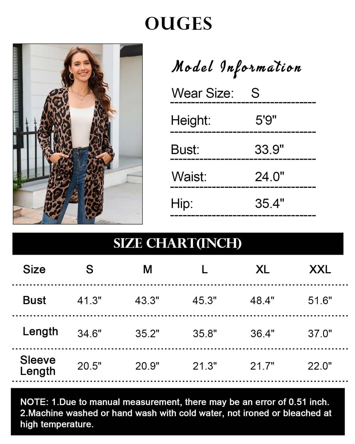 OUGES Women's Open Front Cardigan Shirt with Pockets Long Sleeve Lightweight Coat