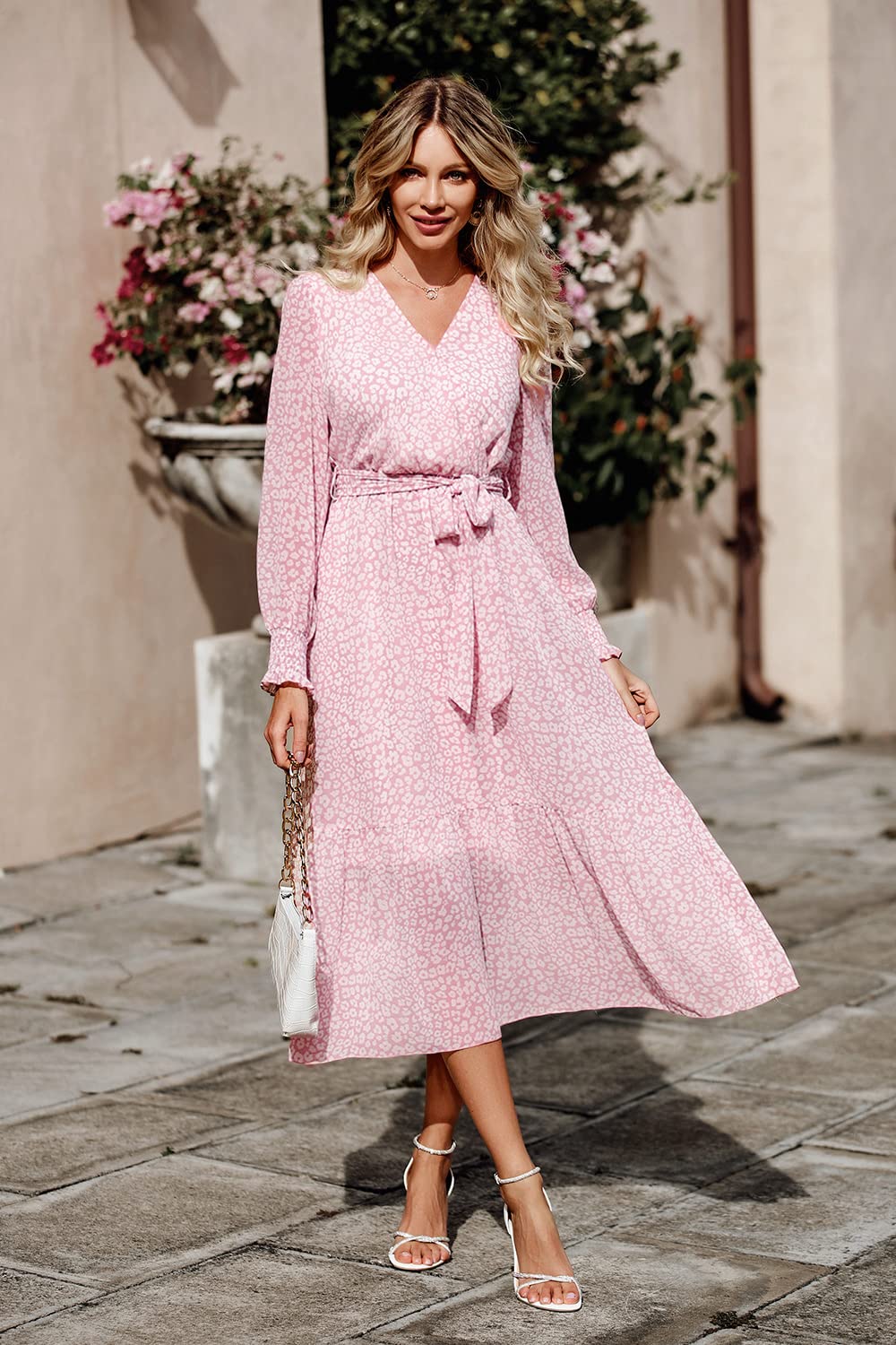 PRETTYGARDEN Women's Floral Print Boho Dress Long Sleeve Wrap V Neck Ruffle Belted A-Line Flowy Maxi Dresses