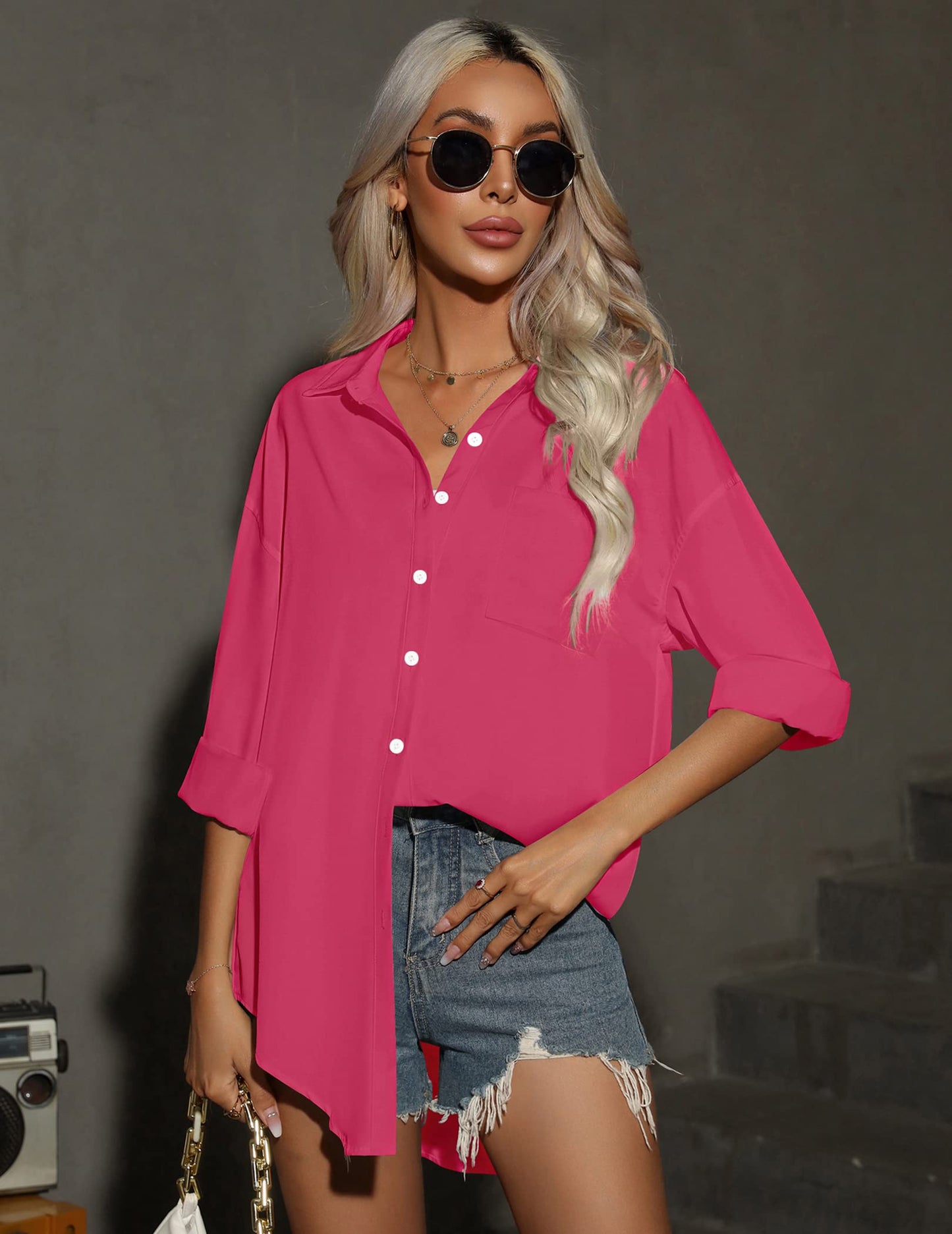 HOTOUCH Women Oversized Button Down Shirts Office Drop Shoulder Blouse Long Sleeve Boyfriend Dress Shirt with Pockets