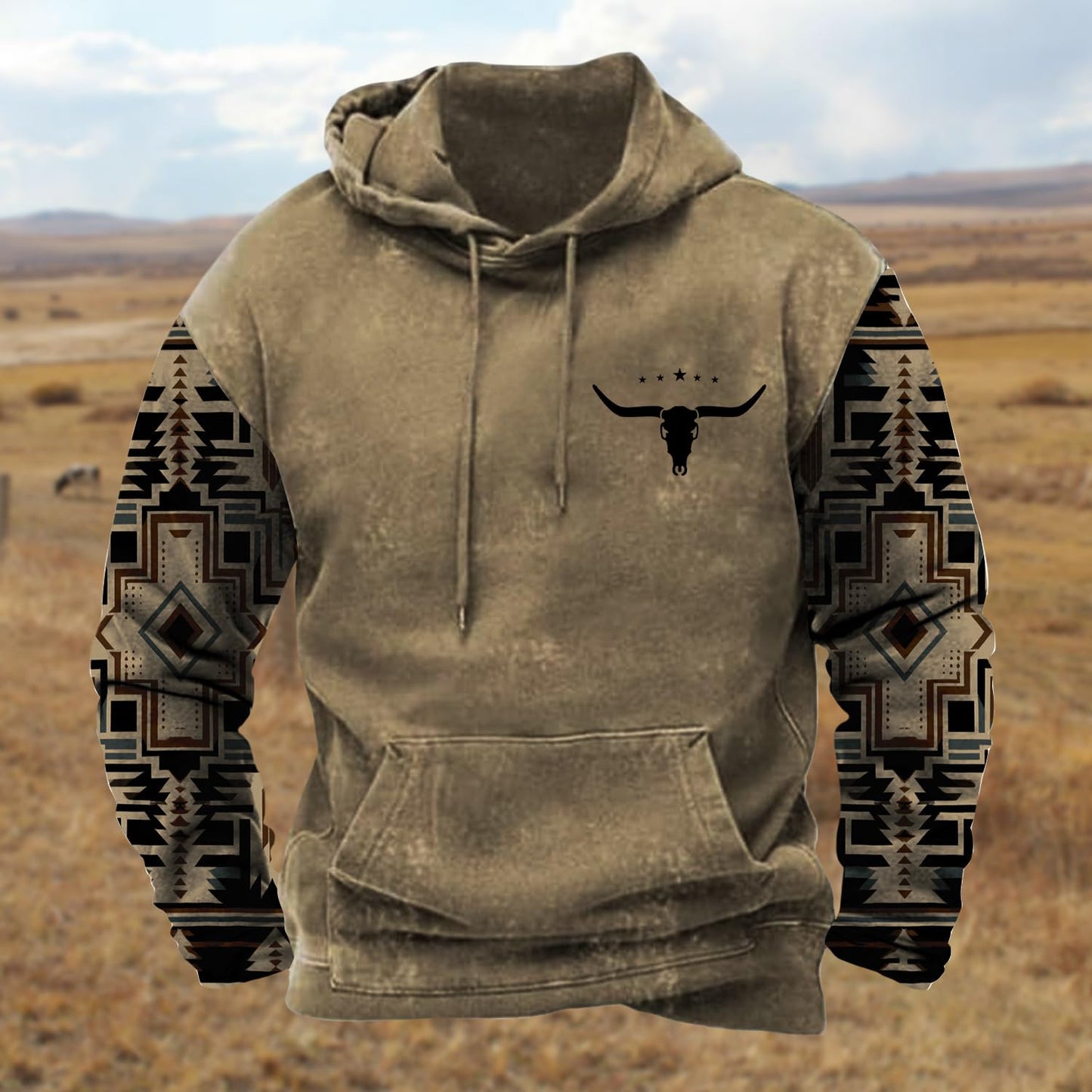 PORCLAY Mens Aztec Hoodie Western Cowboy Hooded Sweatshirt Country Graphic Print Oversized Pullover Shirts with Pocket