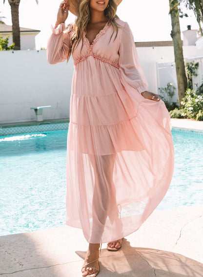BLENCOT Womens Casual Boho Deep V Neck Short Sleeve Long Dress