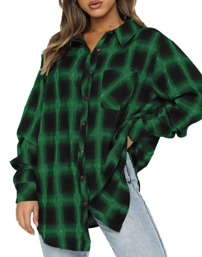 CHYRII Womens Button Down Flannel Shirts Long Sleeve Plaid Shackets Business Casual Blouse Top