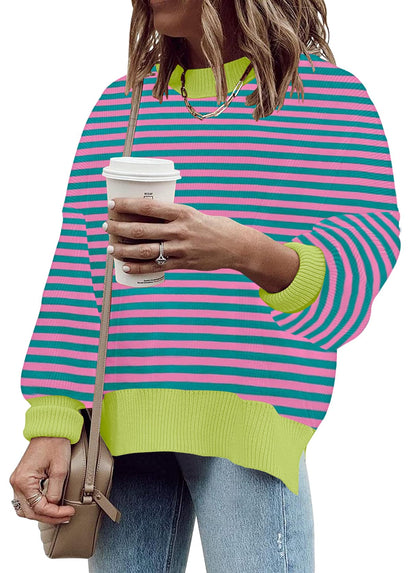 ETCYY Womens Oversized Sweaters Fall 2024 Fashion Clothes Trendy Batwing Sleeve Colorblock Striped Knit Pullover Sweater Tops