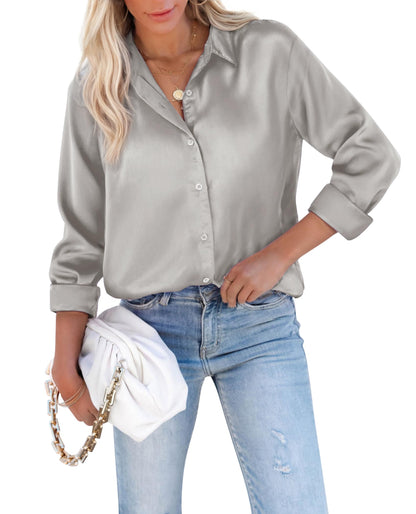siliteelon Satin Blouses for Women Silk Button Down Shirts Casual Long Sleeve Shirt Business Office Work Tunic Tops