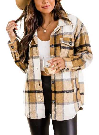 Beaully Women's Flannel Plaid Shacket Long Sleeve Button Down Shirts Jacket Coats with Side Pockets