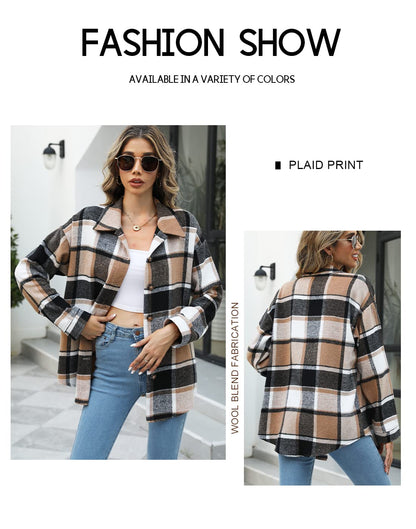 Beaully Women's Flannel Plaid Shacket Long Sleeve Button Down Shirts Jacket Coats with Side Pockets