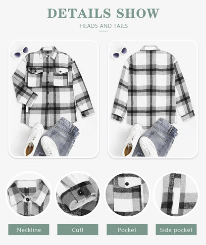 Beaully Women's Flannel Plaid Shacket Long Sleeve Button Down Shirts Jacket Coats with Side Pockets