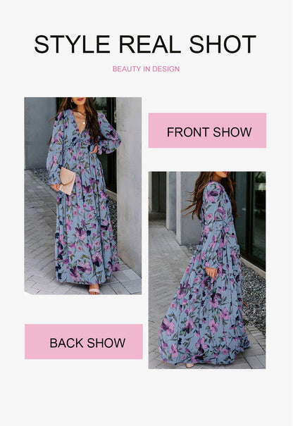 BLENCOT Womens Casual Boho Deep V Neck Short Sleeve Long Dress