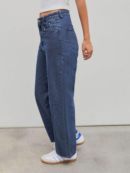 Women's Patchwork Pearl Embellished Jeans High Waisted Solid Color Casual Straight Leg Baggy Denim Pants