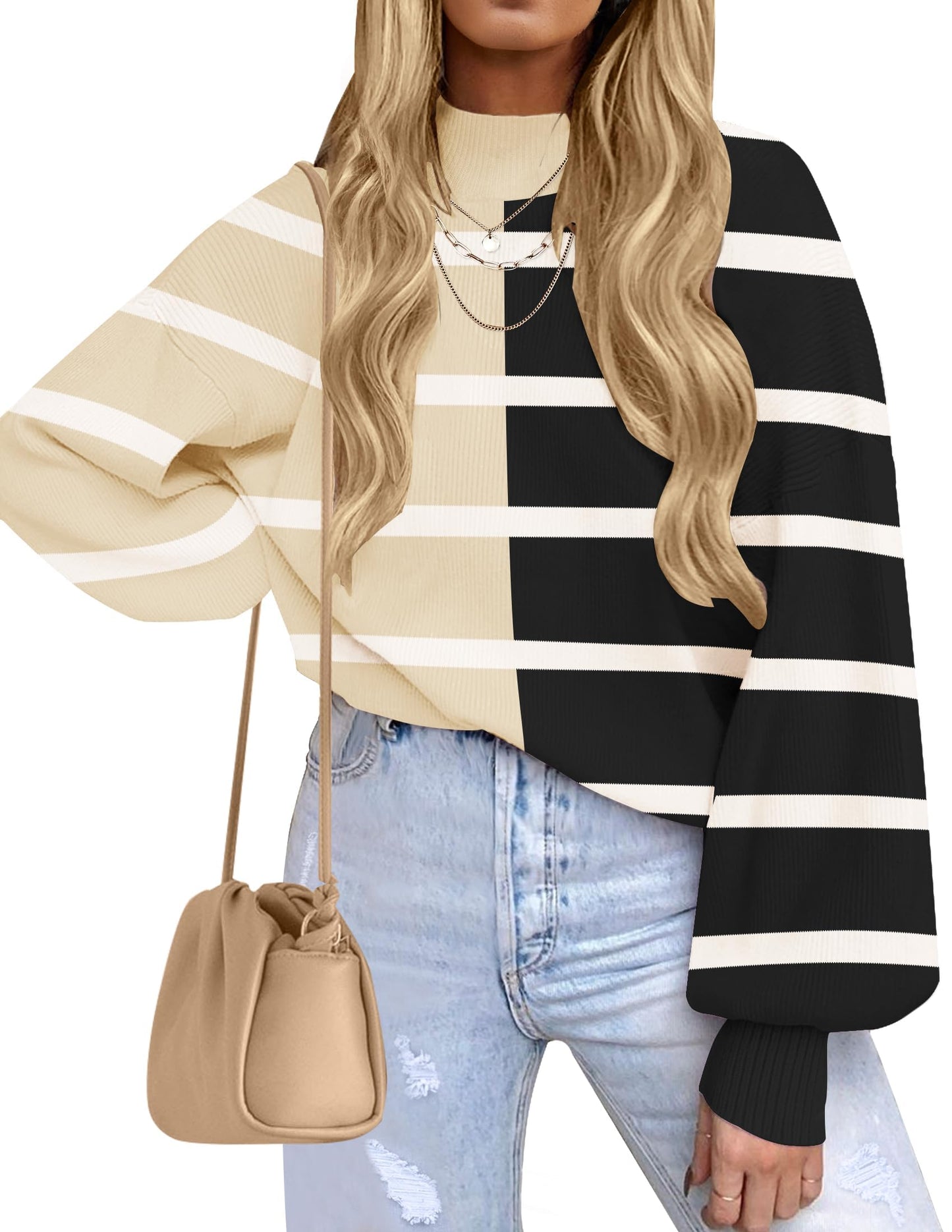 ZESICA Women's Fall Fashion Turtleneck Long Sleeve Striped Ribbed Knit Loose Pullover Sweater Tops