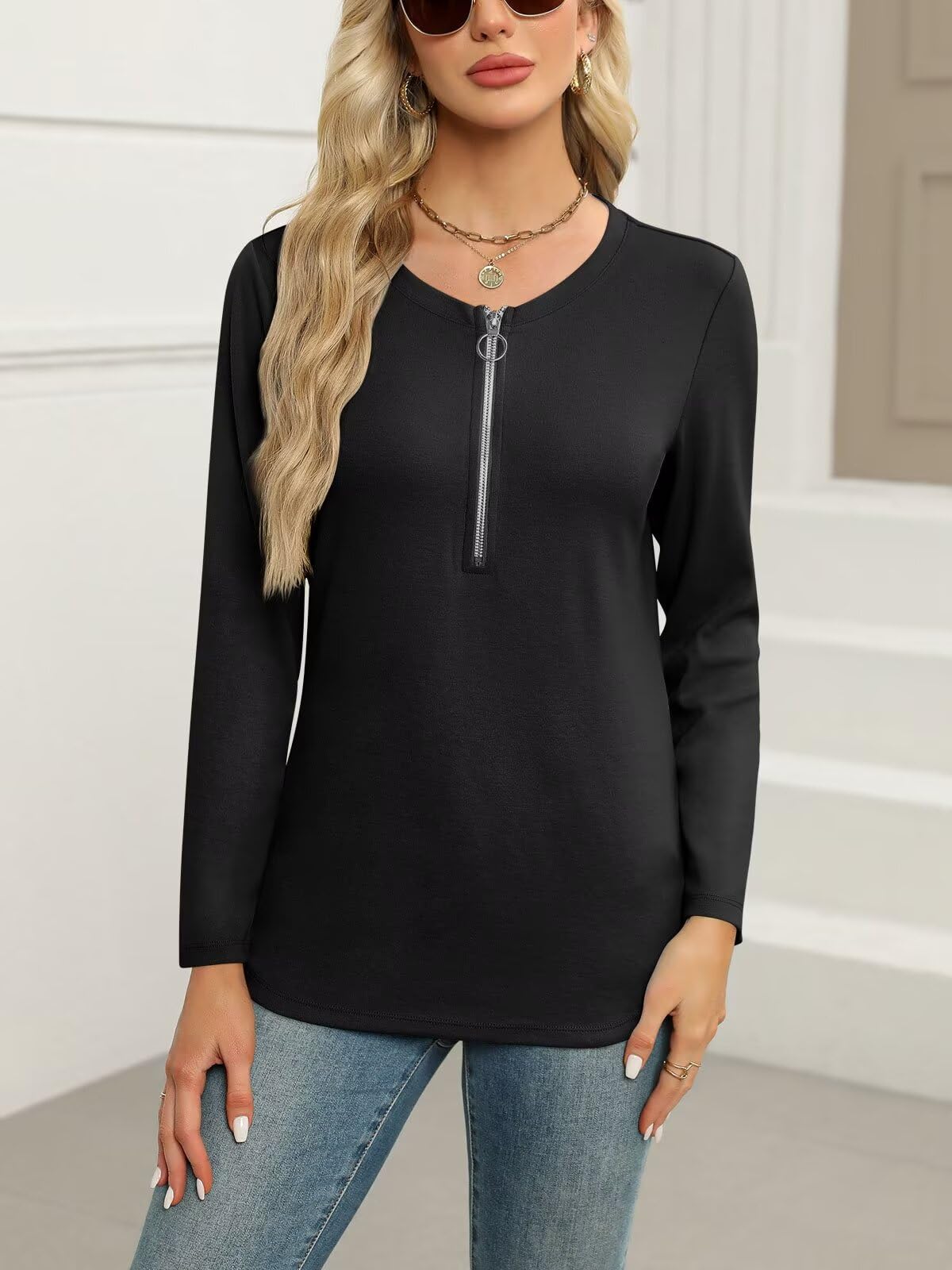 ORANDESIGNE Women's Long Sleeve Shirts Fall Zipper Tops Tunics Ladies Casual Tees Blouses