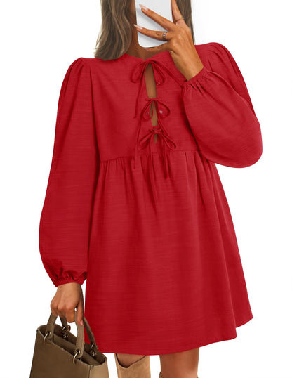 ZESICA Women's Dress Fall Long Puff Sleeve Self Tie Front Babydoll A Line Pleated Cute Mini Tunic Dresses 2025