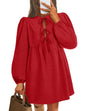 ZESICA Women's Dress Fall Long Puff Sleeve Self Tie Front Babydoll A Line Pleated Cute Mini Tunic Dresses 2025