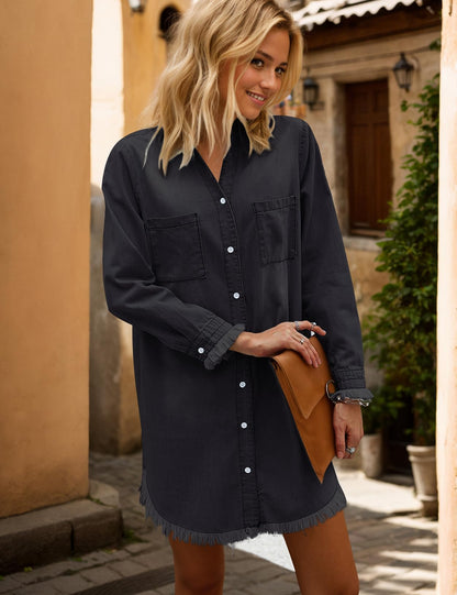 Zilcremo Women Denim Shirt Dresses Long Sleeve Distressed Jean Dress Button Down Casual Tunic Top