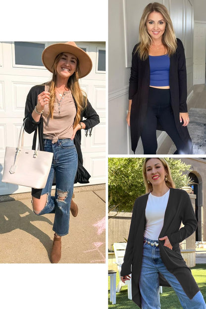 OUGES Women's Open Front Cardigan Shirt with Pockets Long Sleeve Lightweight Coat