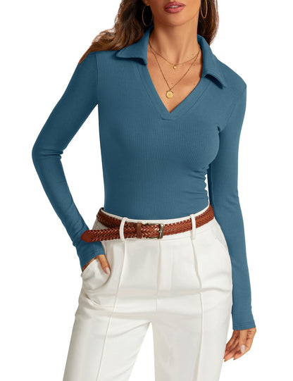 Womens Long Sleeve V Neck Polo Shirts Business Casual Collared Work Top Slim Fitted Basic 2024 Fall Shirt