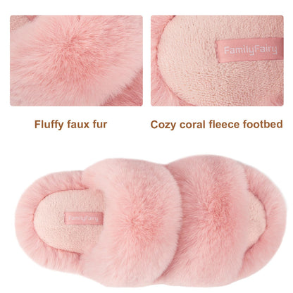 FamilyFairy Women's Fluffy Faux Fur Slippers Comfy Open Toe Two Band Slides with Fleece Lining and Rubber Sole