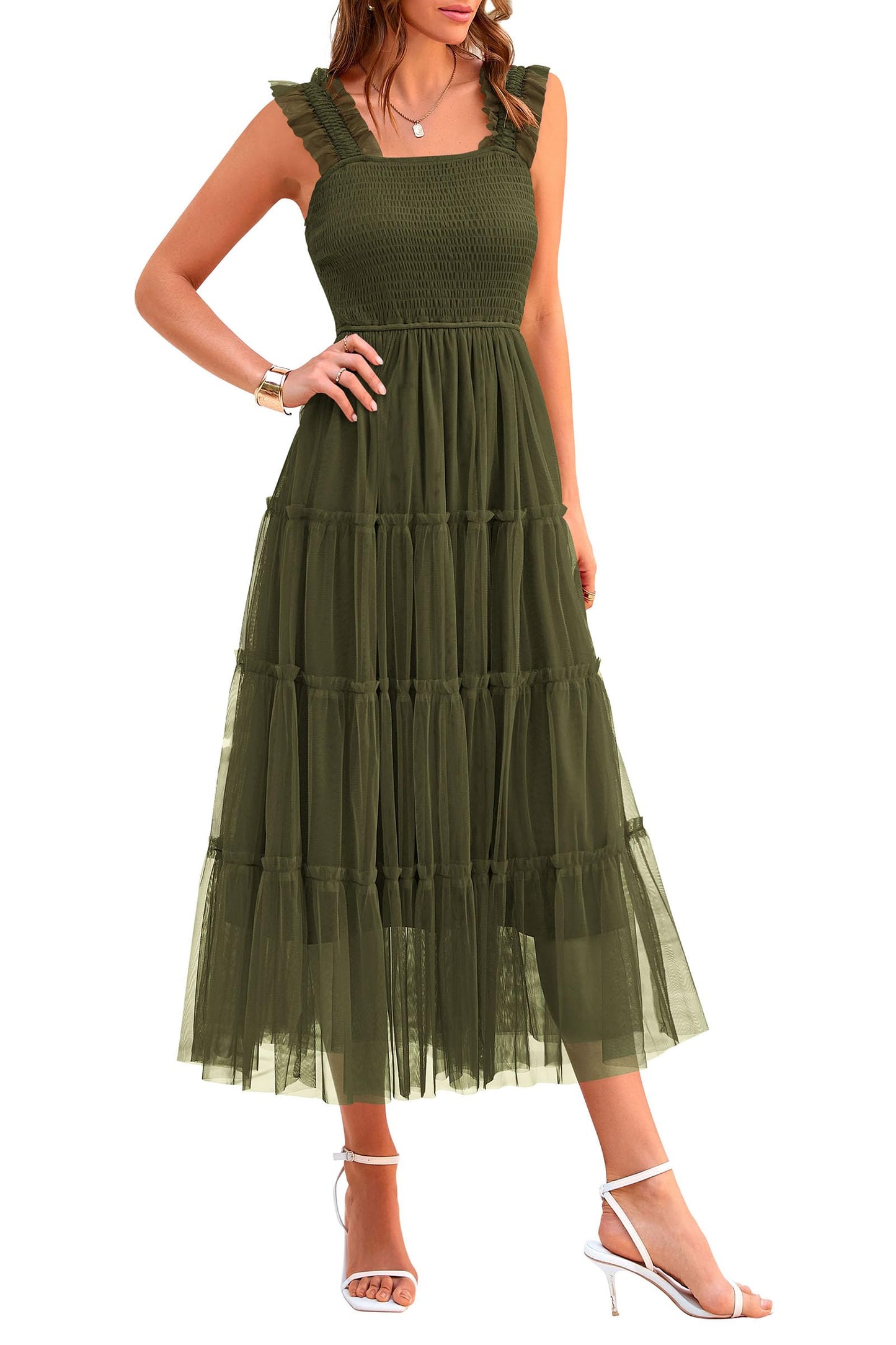 PRETTYGARDEN Women's 2024 Summer Midi Dress Casual Sleeveless Smocked Ruffle Tulle Flowy Party Wedding Guest Sundress