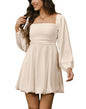 HYPERFIRE Women's Square Neck Pleated Long Sleeve Mini Dress Smocked A Lind Bubble Wedding Dresses