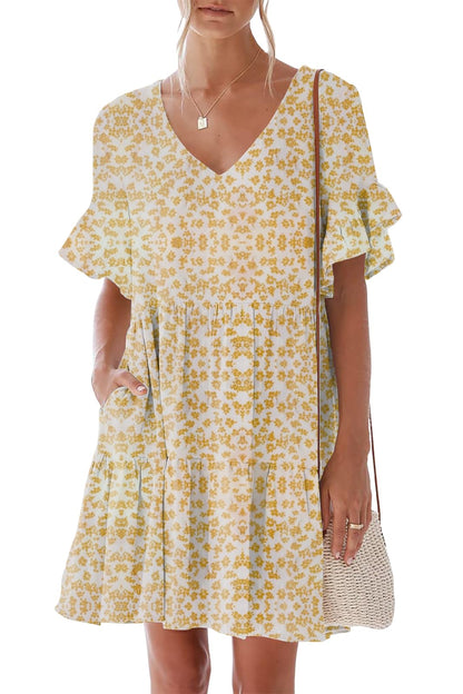 nclook Women's Summer Casual Dress Sweet & Cute V-Neck Mini Dress with Pocket Short Sleevele Ruffle Dress