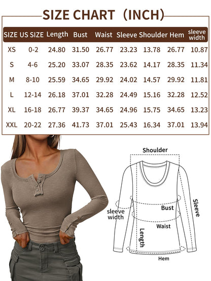 Kissfix Womens Long Sleeve Shirts Going Out Fall Clothes Casual Henley Tops Ribbed Knit Blouses Fashion Trendy Outfits