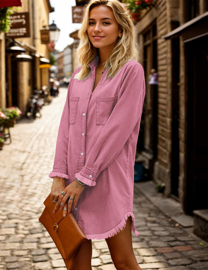 Zilcremo Women Denim Shirt Dresses Long Sleeve Distressed Jean Dress Button Down Casual Tunic Top
