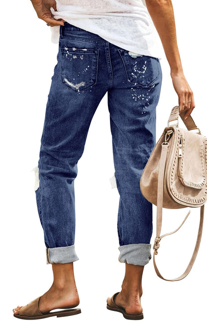KUNMI Women's Ripped Mid Waisted Boyfriend Jeans Loose Fit Distressed Stretchy Denim Pants