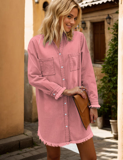 Zilcremo Women Denim Shirt Dresses Long Sleeve Distressed Jean Dress Button Down Casual Tunic Top
