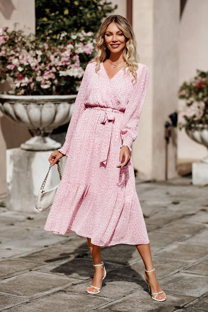 PRETTYGARDEN Women's Floral Print Boho Dress Long Sleeve Wrap V Neck Ruffle Belted A-Line Flowy Maxi Dresses