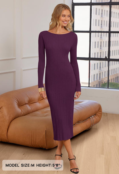 MEROKEETY Women's 2024 Long Sleeve Bodycon Sweater Dress Fall Crew Neck Ribbed Knit Maxi Dresses