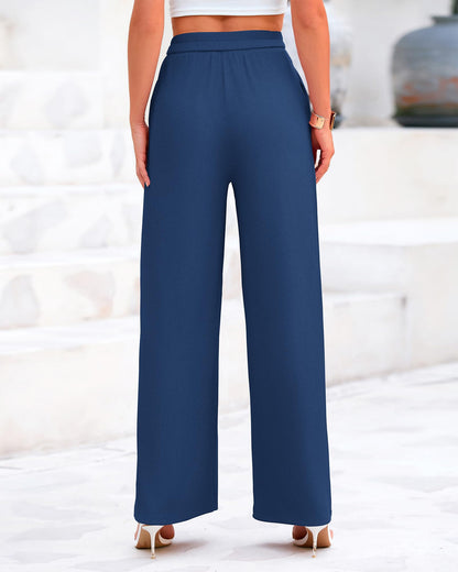 BTFBM Women's Casual Wide Leg Pants Summer Fall Clothes Pleated Elastic Waist Loose Palazzo Knit Trousers with Pockets