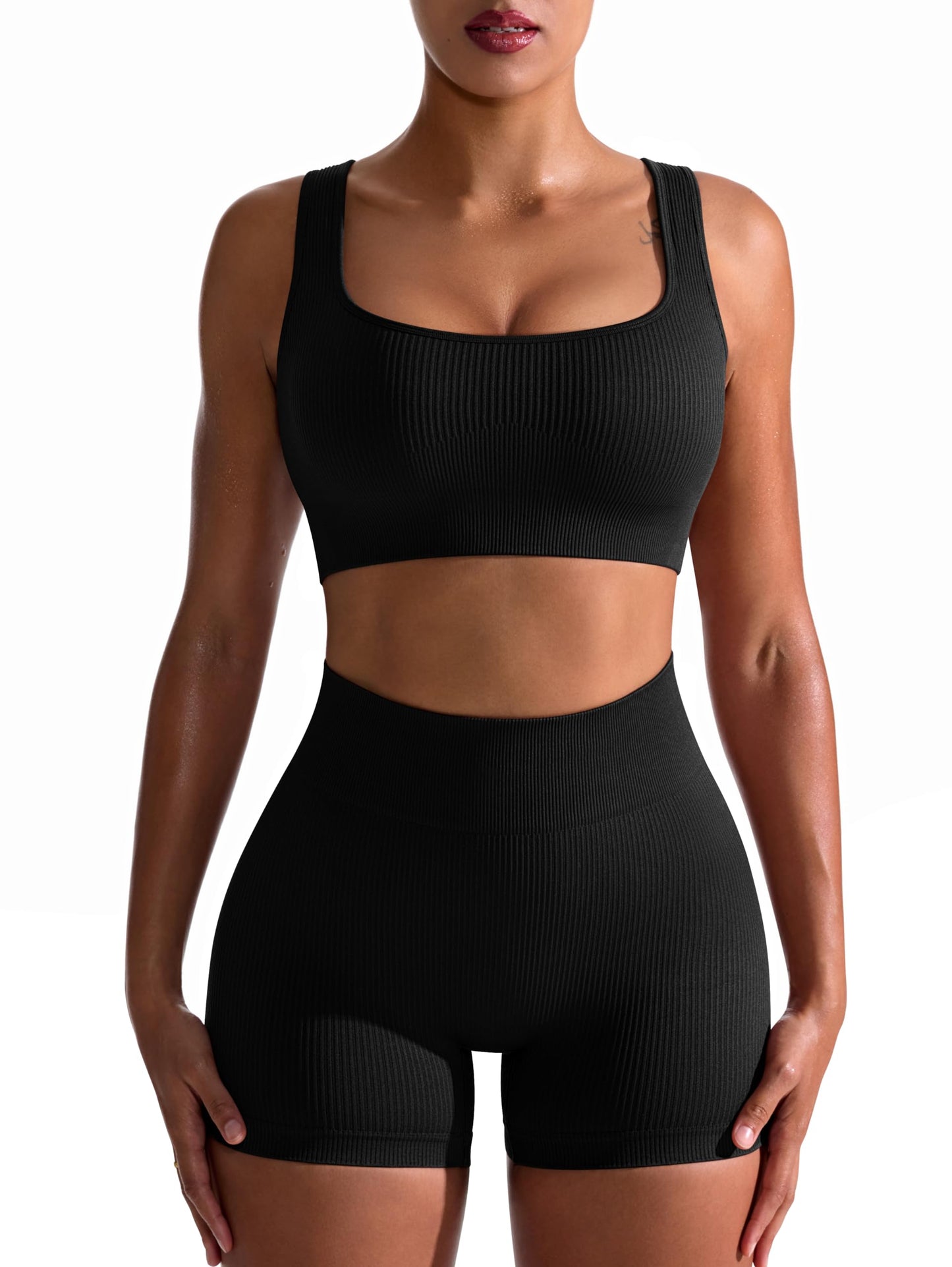 OQQ Workout Outfits for Women 2 Piece Seamless Ribbed High Waist Leggings with Sports Bra Exercise Set…