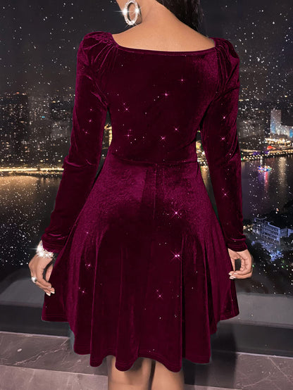 Sexyasasii Womens Wrap V Neck Long Sleeve Velvet Glitter A Line Cocktail Party Swing Fit and Flare Skater Mini Dress