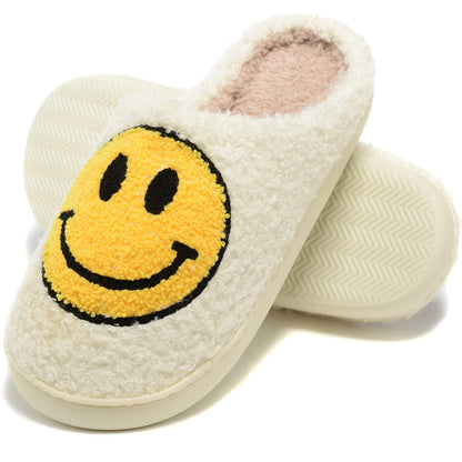 Retro Fuzzy Face Slippers for Women Men, Retro Soft Fluffy Warm Home Non-Slip Couple Style Casual Smile Face Slippers Indoor Outdoor Anti-Skid Warm Cozy Foam Slide Fuzzy Slides with Soft Memory Foam Shoes