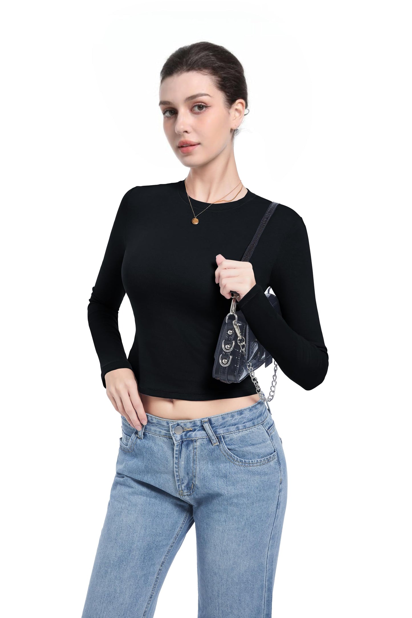 Abonlen Long Sleeve Shirts for Women Crewneck Basic Tees T Shirts Fitted Crop Tops Y2k Going Out Tops