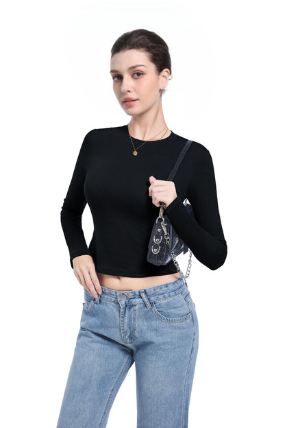 Abonlen Long Sleeve Shirts for Women Crewneck Basic Tees T Shirts Fitted Crop Tops Y2k Going Out Tops